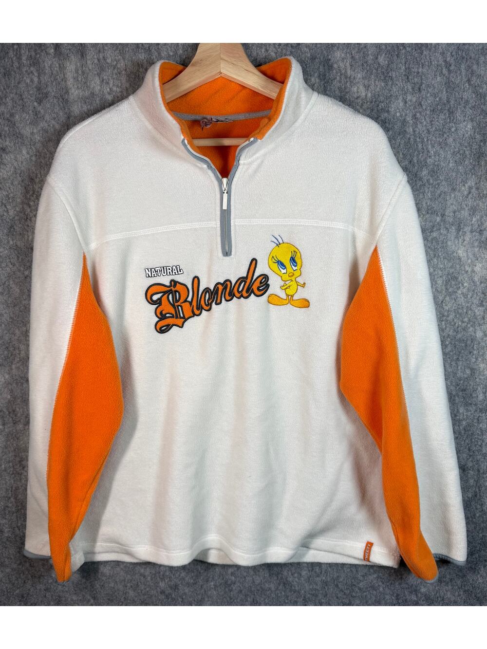 Vintage Y2K Tweety Natural Blonde 1/4 Zip Large White Looney Tunes Mens